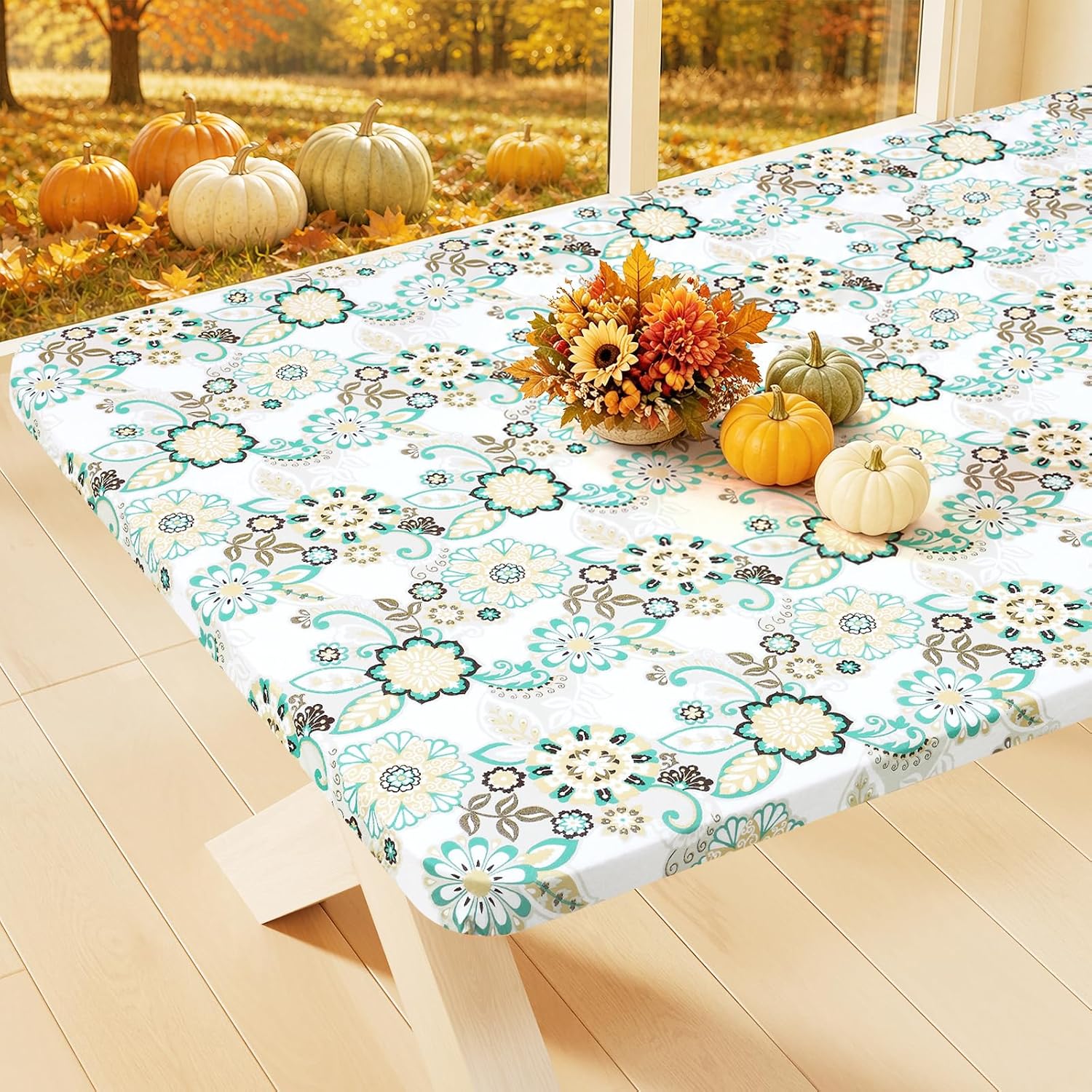 Detalle de Smiry 48" x 30" Fitted Vinyl Tablecloth, Teal & White, Waterproof
