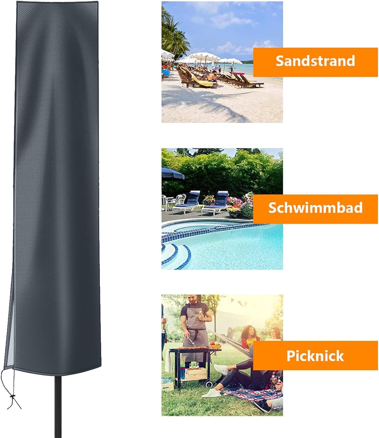 Detalle de OKPOW Parasol Cover (600D) for 2m diameter garden parasols, waterproof, anti-UV, windproof with zip
