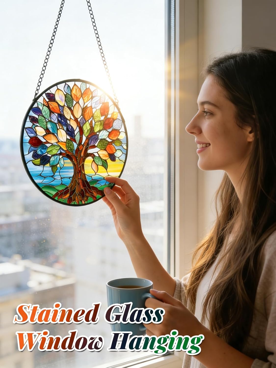 Detalle de Meyocky Tree of Life Stained Glass Suncatcher, 7.8-Inch Round Window Hanging