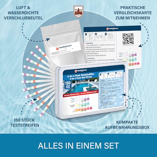 Detalle de Veddelholzer 3-in-1 Pool Teststreifen (150 Stück) – Wassertester für pH, freies Chlor & Alkalinität