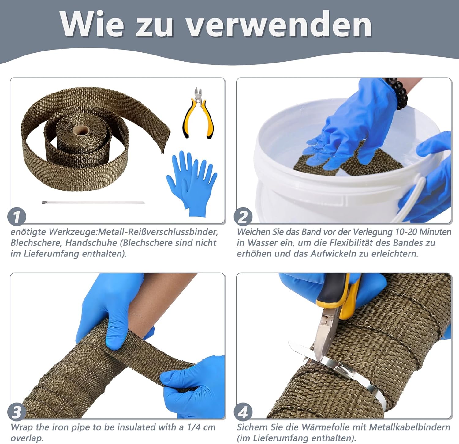 Thumbnail 3 de LIHAO Hitzeschutzband für Auspuff (5 cm x 5 m) inkl. Kabelbinder, Thermoband und Handschuhe