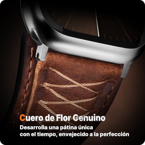 Detalle de Fullmosa Correa de Cuero para Apple Watch Ultra 3/2/1 y Series 11-1 (49mm-42mm) – Marrón con Acabado Plata