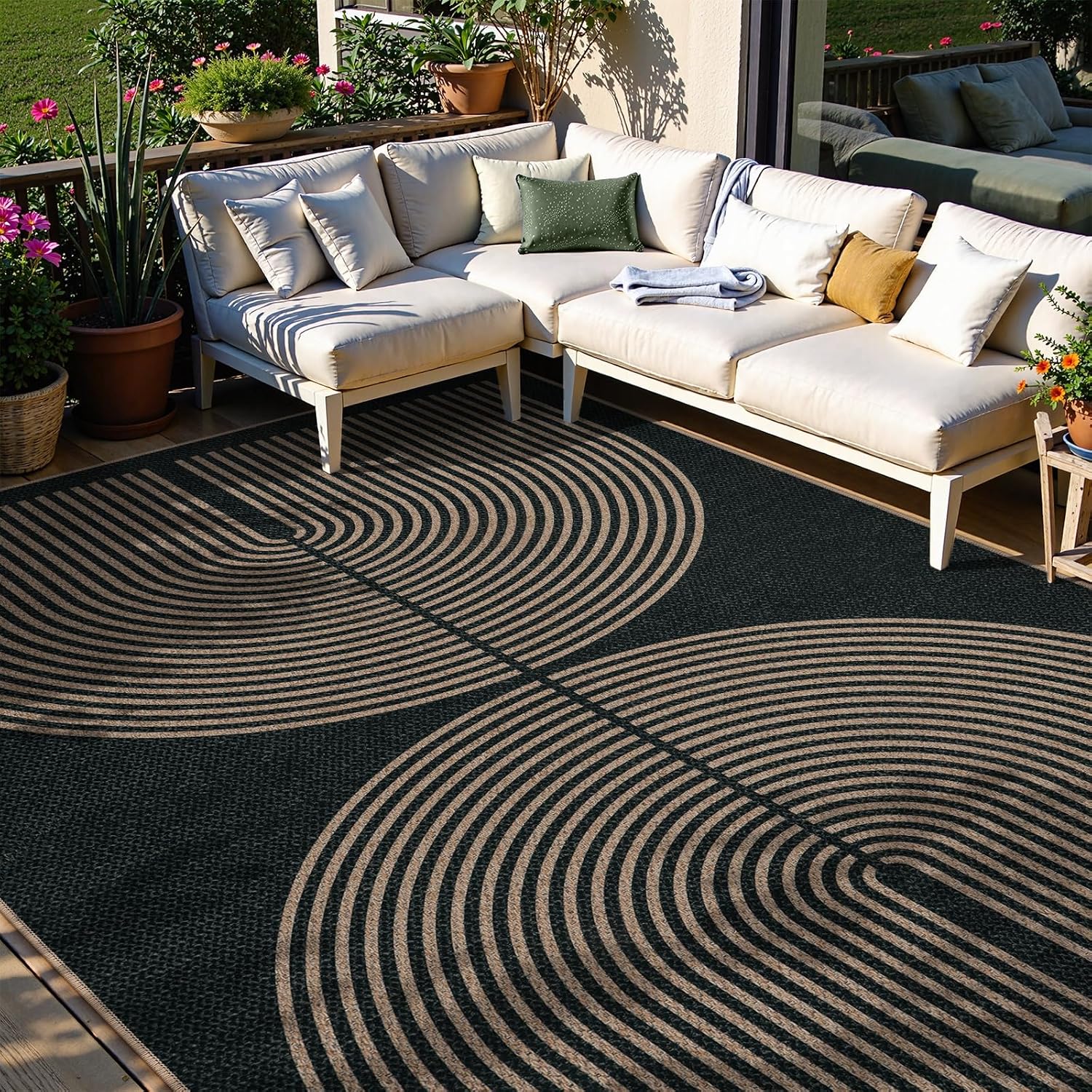 Detalle de Lahome Enfys Rainbow Easy Jute Outdoor Carpet (9x12) - Washable, Charcoal Black