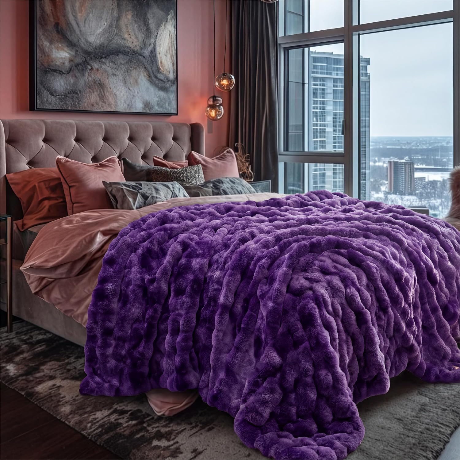 Thumbnail 6 de Bedsure Faux Rabbit Fur Blanket, King 104" x 90", Tie-Dye Purple