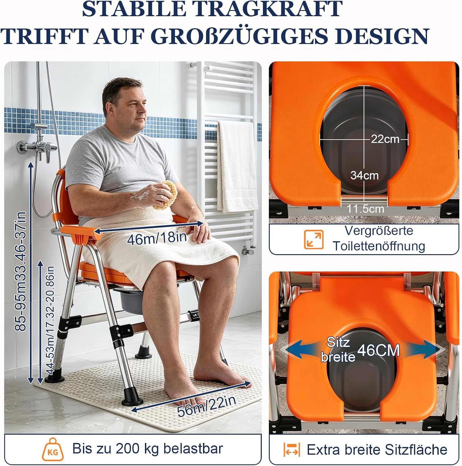 Detalle de HAIORJUN Toilettenstuhl Klappbar für Senioren – höhenverstellbar, mit Armlehnen und herausnehmbarem Eimer