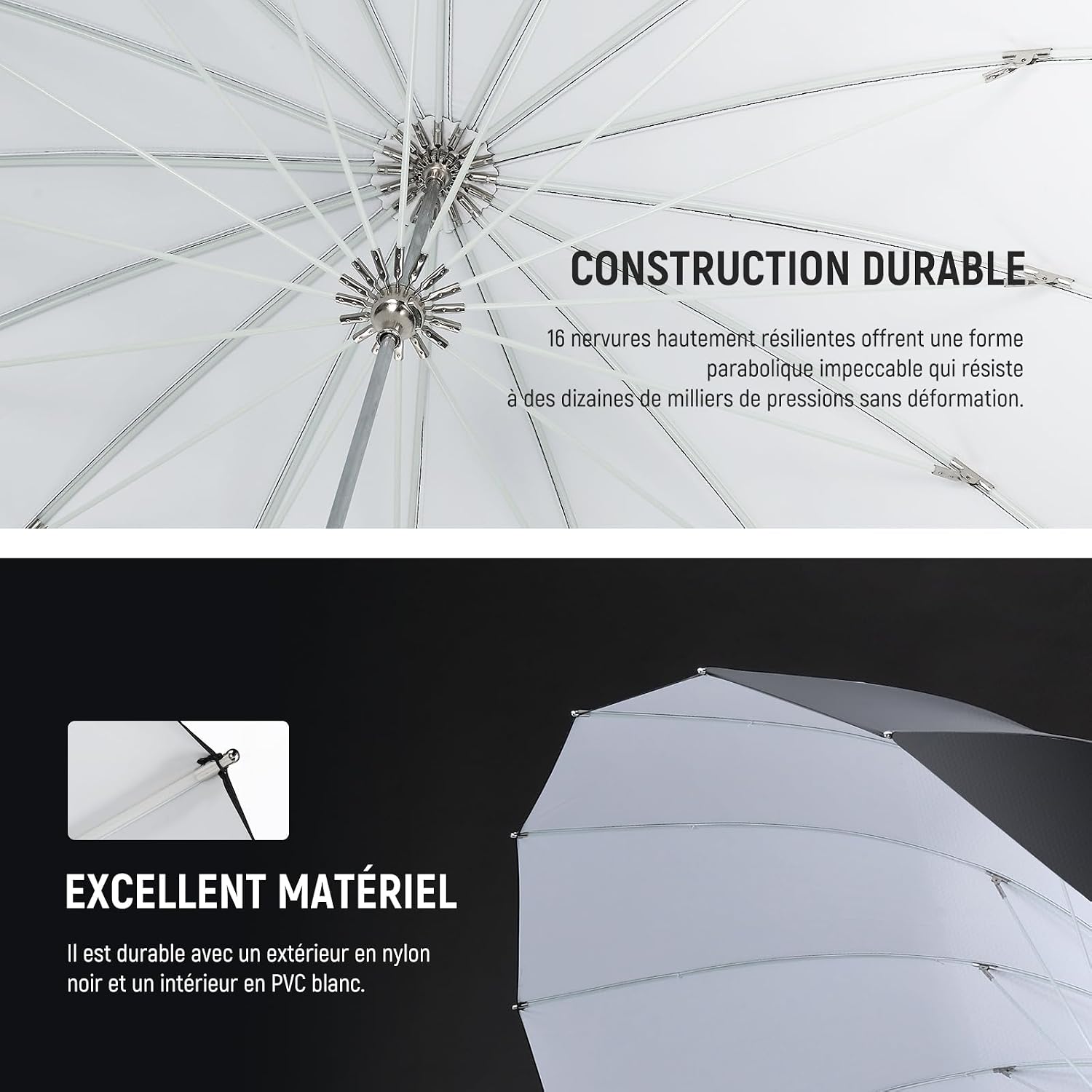 Detalle 2 de Parapluie réfléchissant parabolique 165 cm NEEWER (noir/blanc) pour studio photo et vidéo