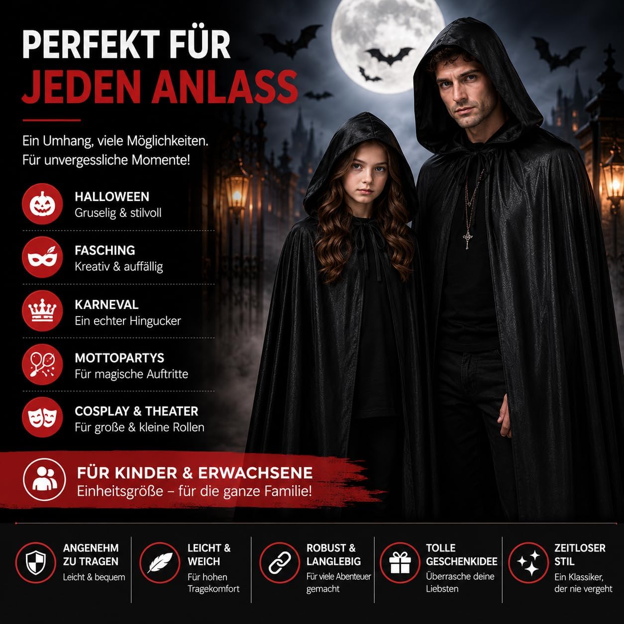 Detalle 2 de TK Gruppe Timo Klingler svart mantel med huva för vampyr- och fantasikostymer