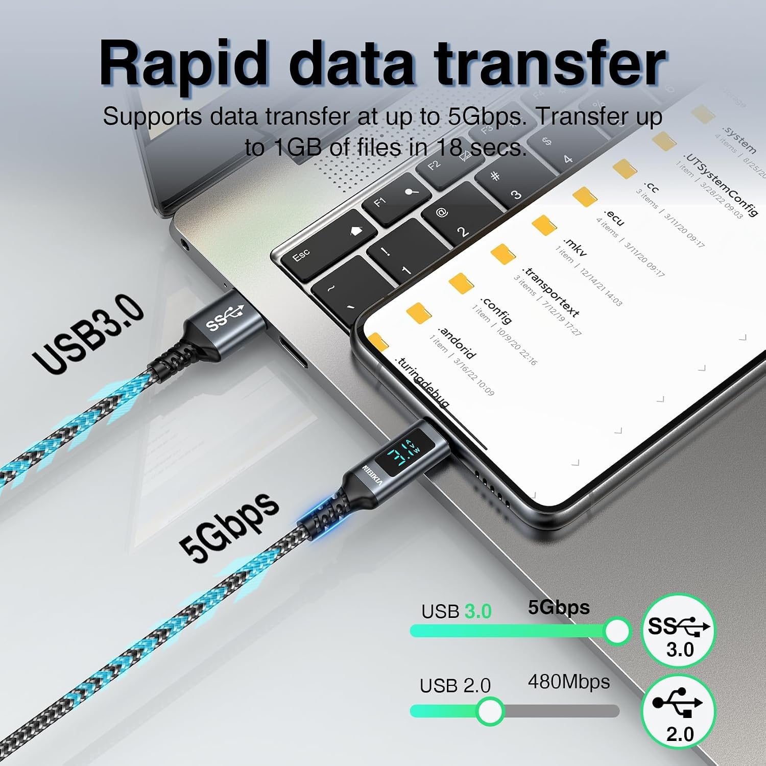 Detalle de Cavo USB Type-C 1m USB 3.0 10Gbps con Display LED e Ricarica Rapida 3A – Compatibile con iPhone 15/16/17, Samsung Galaxy e altri