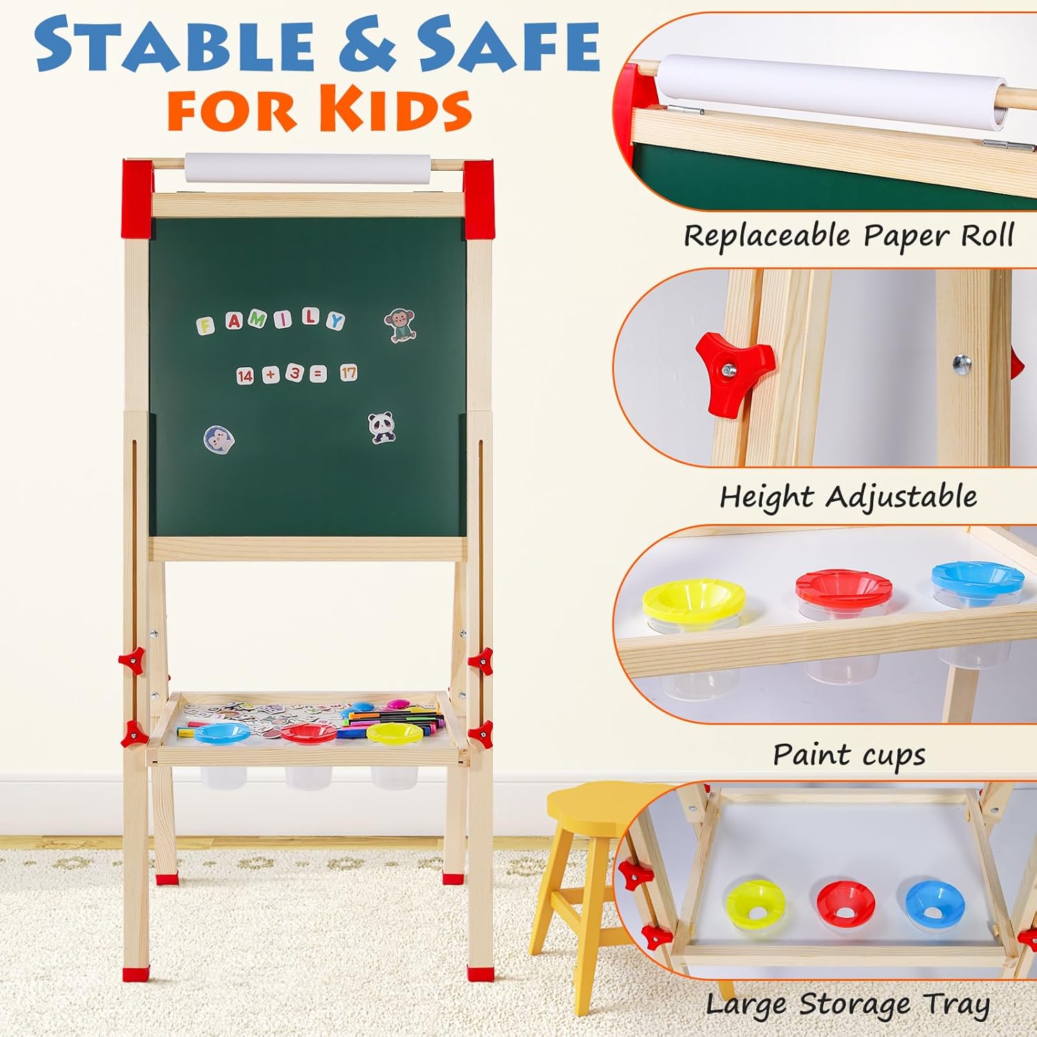 Thumbnail 5 de Kinder Staffelei Holz Kindertafel mit Papierrollenhalter – doppelseitige Kreidetafel und Whiteboard
