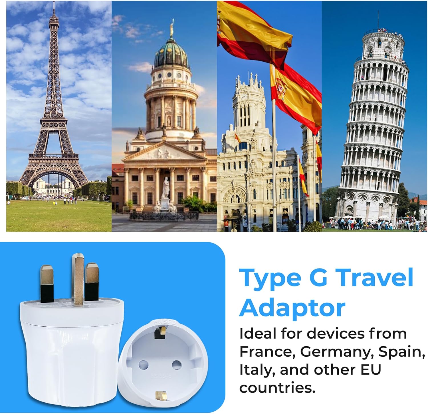 Thumbnail 2 de Double Dragon EU to UK Plug Adapter (Schuko & Europlug to UK 3-Pin) – BS8546 Certified, 13A Fused, White (2 Pack)