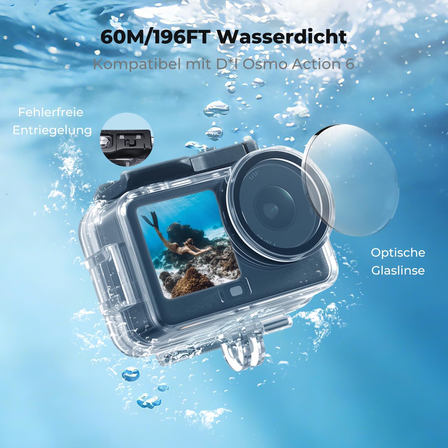 Detalle de K&F CONCEPT wasserdichtes Gehäuse für DJI Osmo Action 6 (bis 60 m, Cold Shoe, Anti-Beschlag)