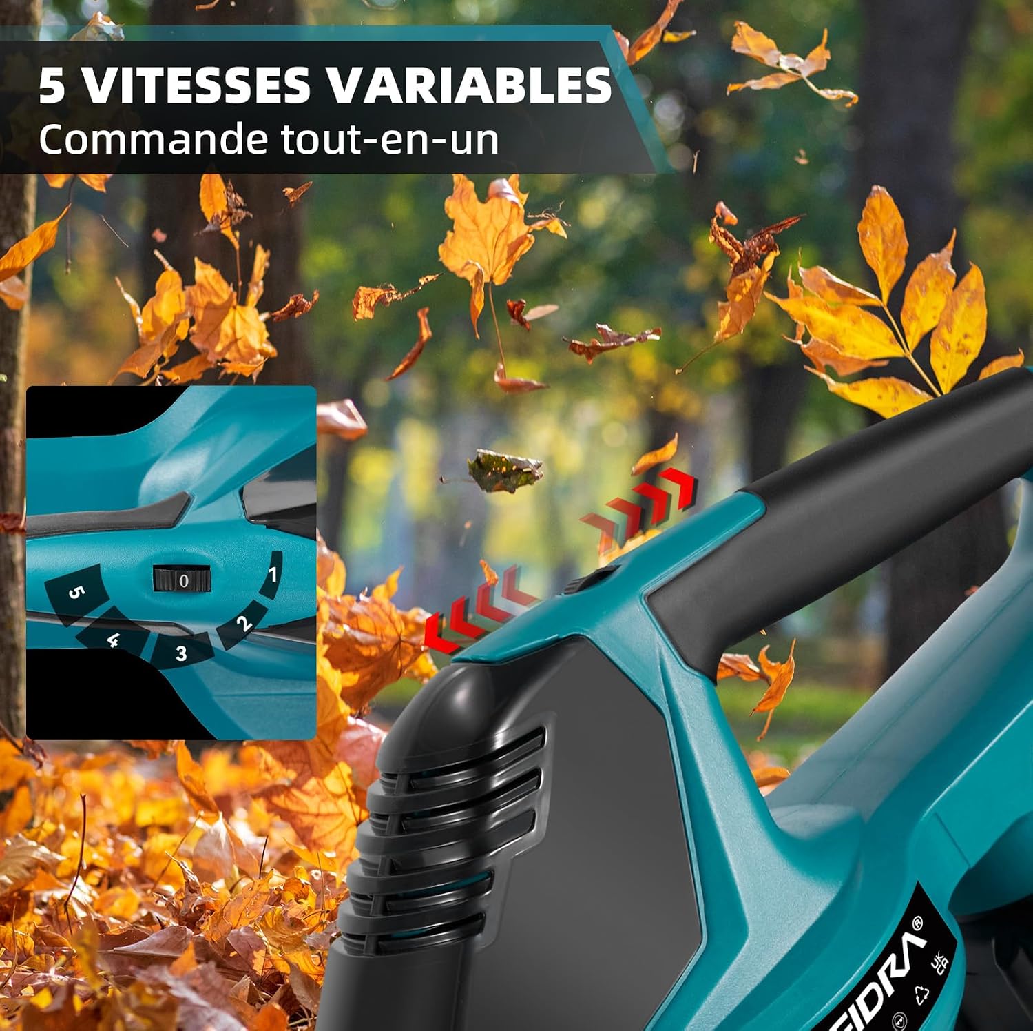 Detalle de Yofidra sku4G6430Y draadloze bladblazer, 5 snelheden en 2 accu’s