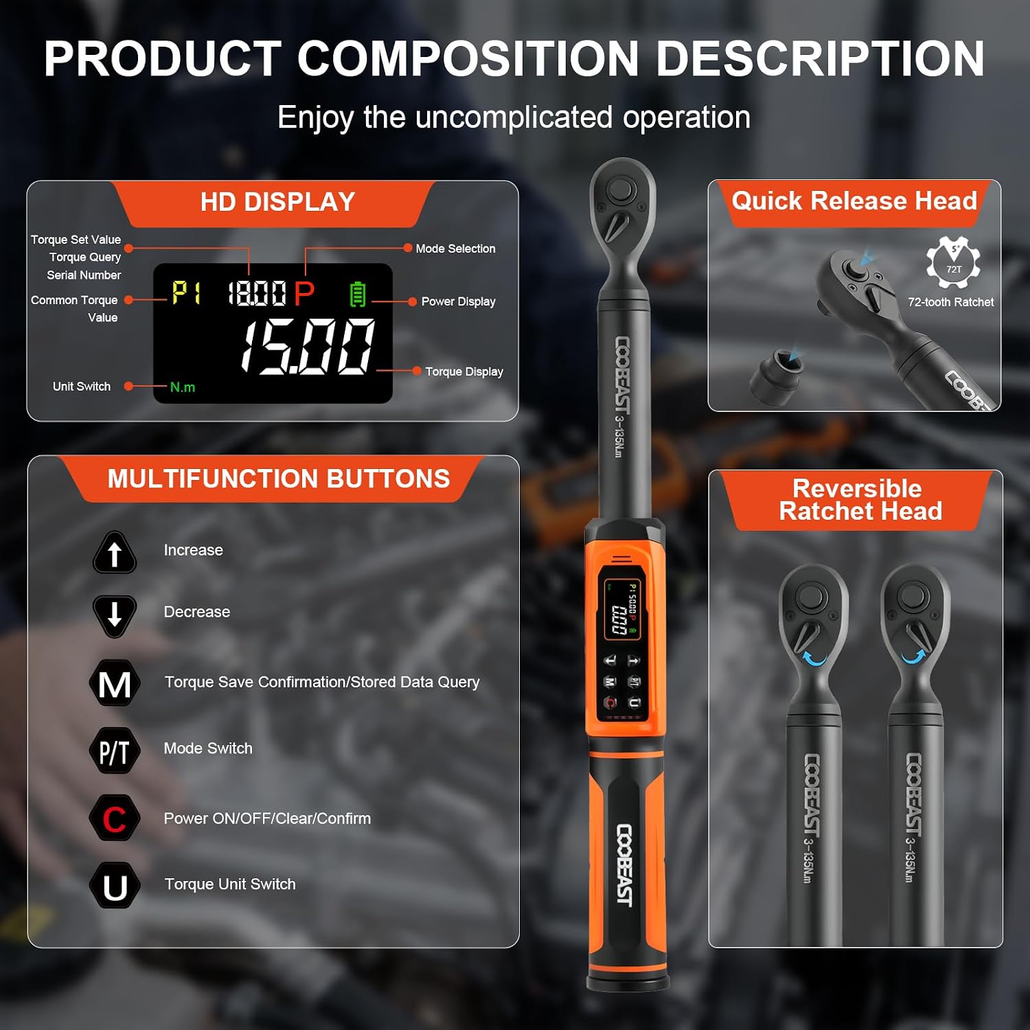 Thumbnail 6 de coobeast SXBS02HS135NM9US Digital Torque Wrench, 3/8-Inch Drive, ±2% Accuracy