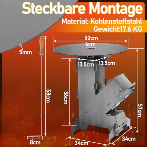 Detalle de Yugodex Raketenofen mit Grillplatte Ø50 cm – Stecksystem aus Kohlenstoffstahl