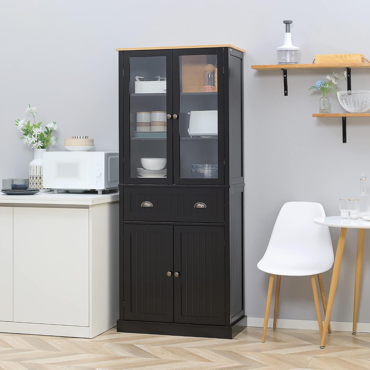 Detalle de HOMCOM Buffet de cuisine noir avec 4 portes dont 2 vitrées et tiroir, 182,5 cm de hauteur