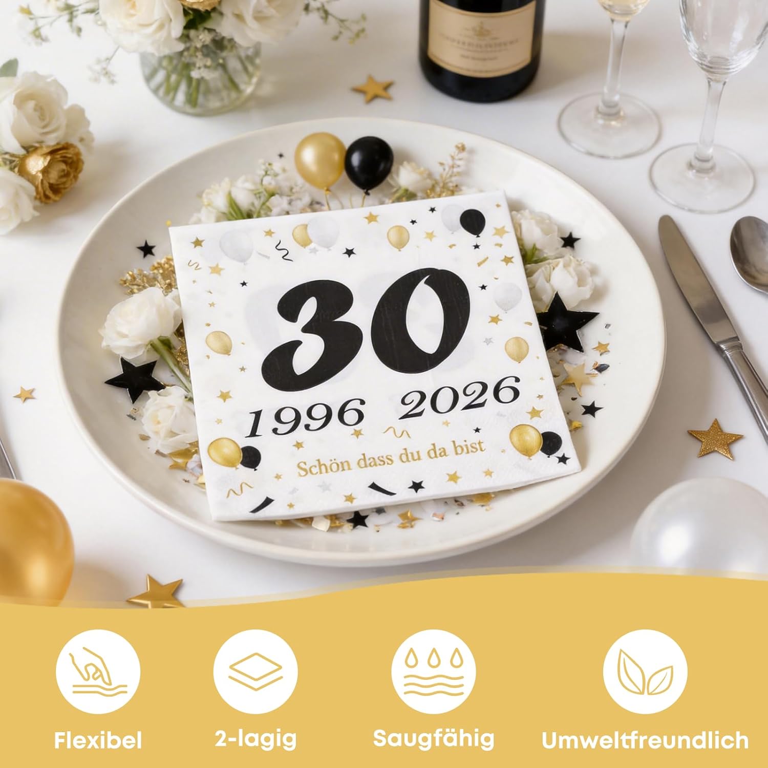 Thumbnail 2 de Seutgjie 50 Stück Servietten 30. Geburtstag – Schwarz Gold Dekor, 1996–2026
