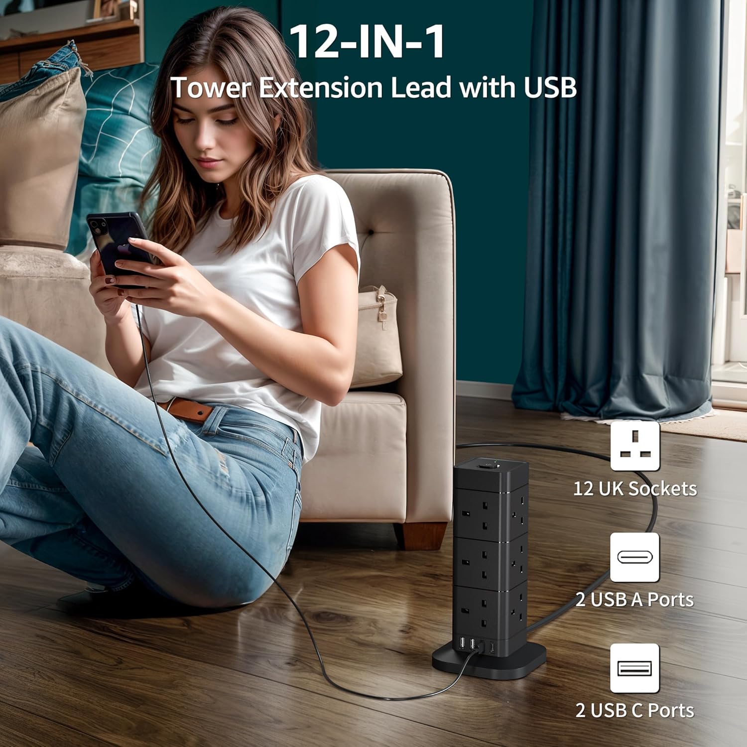 Thumbnail 3 de Hotimy 5M Tower Extension Lead with USB Slots