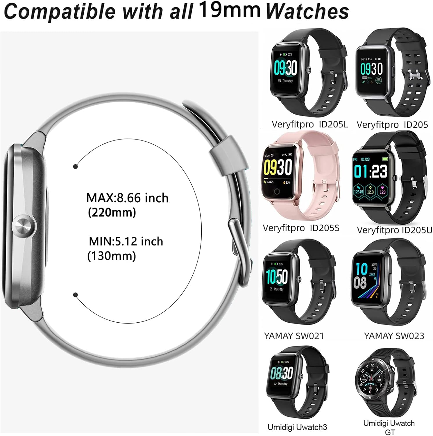 Thumbnail 2 de SUGARJAR 19mm Silicone Strap for Fitpolo ID205L – Compatible with ID205L/S, 205G/215G/216, WF021/023/025, Uwatch range and more