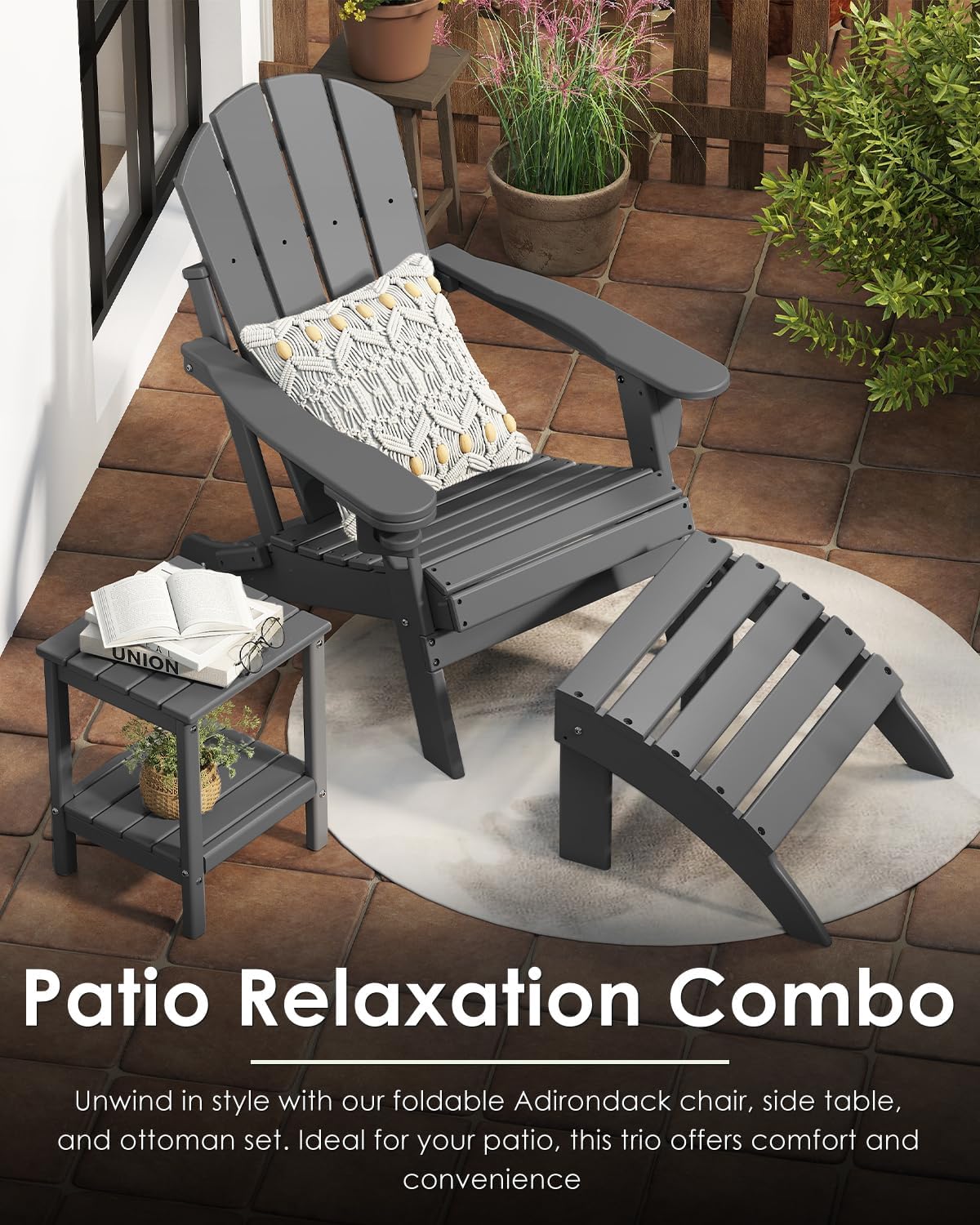 Detalle de GREENVINES HT-OC-AD Folding Adirondack Chairs, 2-Pack, Gray HDPE