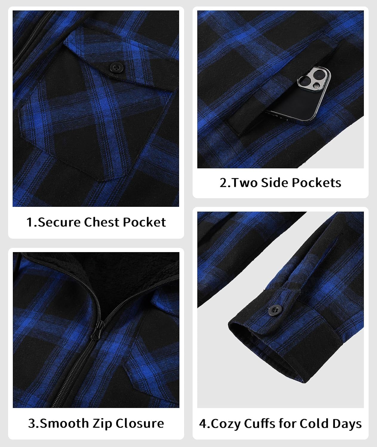 Detalle de V VALANCH Men's Sherpa-Lined Flannel Jacket