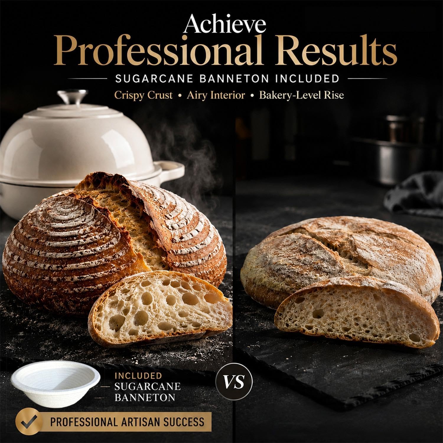 Detalle de AHJ 6QT Enameled Cast Iron Dutch Oven for Bread Baking with Proofing Basket, Gloves & Sling