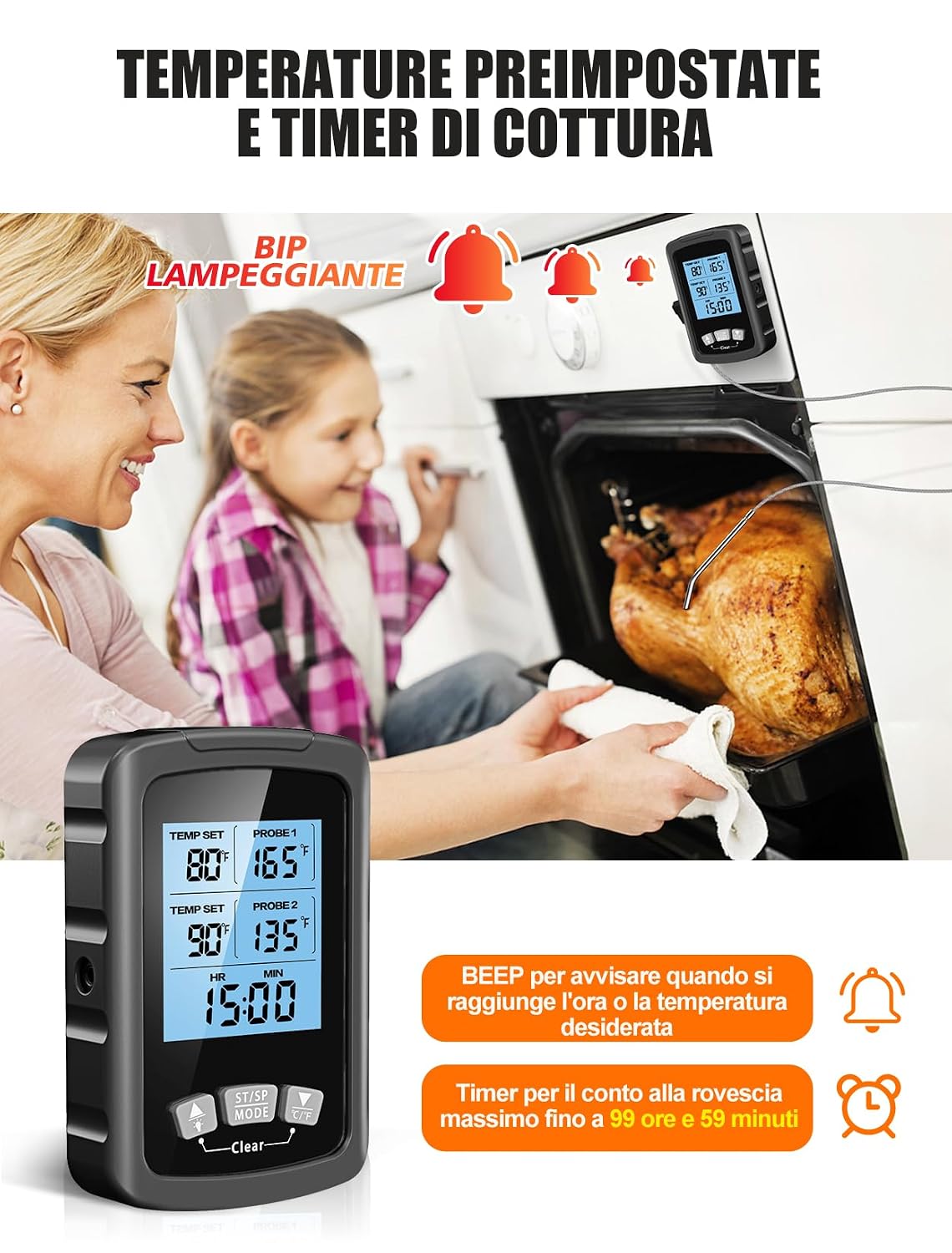 Detalle de CIRYCASE Termometro Cucina Doppia Sonda 16.3 cm – Lettura rapida, dual probe e allarme per BBQ