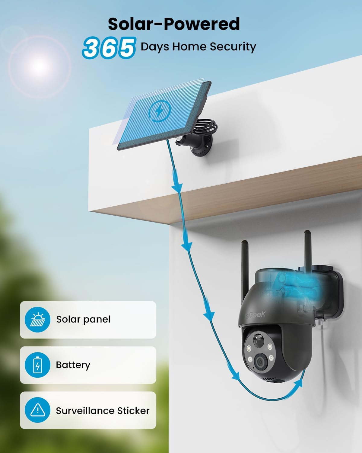 Thumbnail 1 de ieGeek 2K Solar Security Camera Outdoor Wireless (360°) with Solar Panel, PIR, 2-Way Audio & Alexa