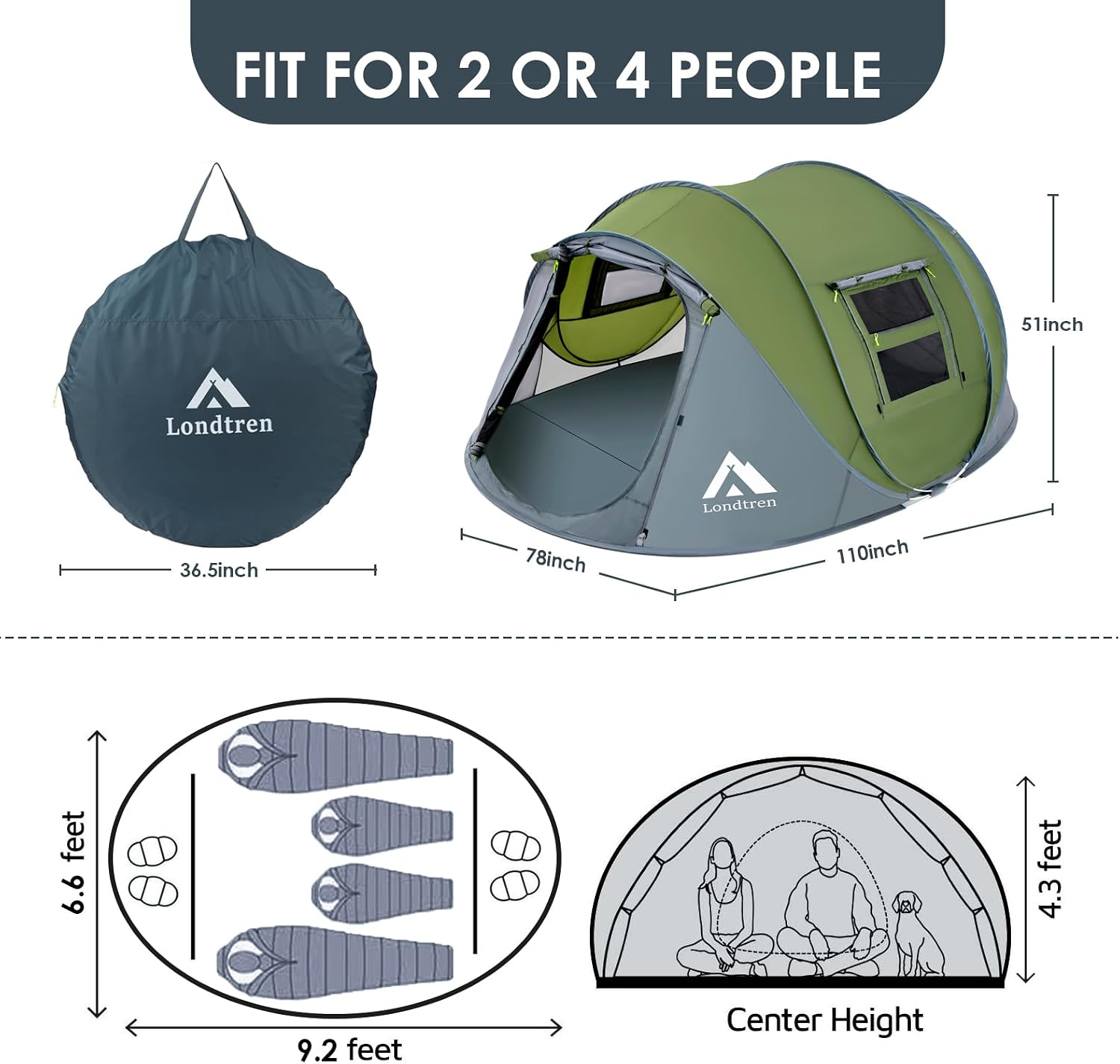 Detalle 2 de Londtren GETIEN-Y-0307-41 Pop-Up Tent, 4-Person, 2 Doors