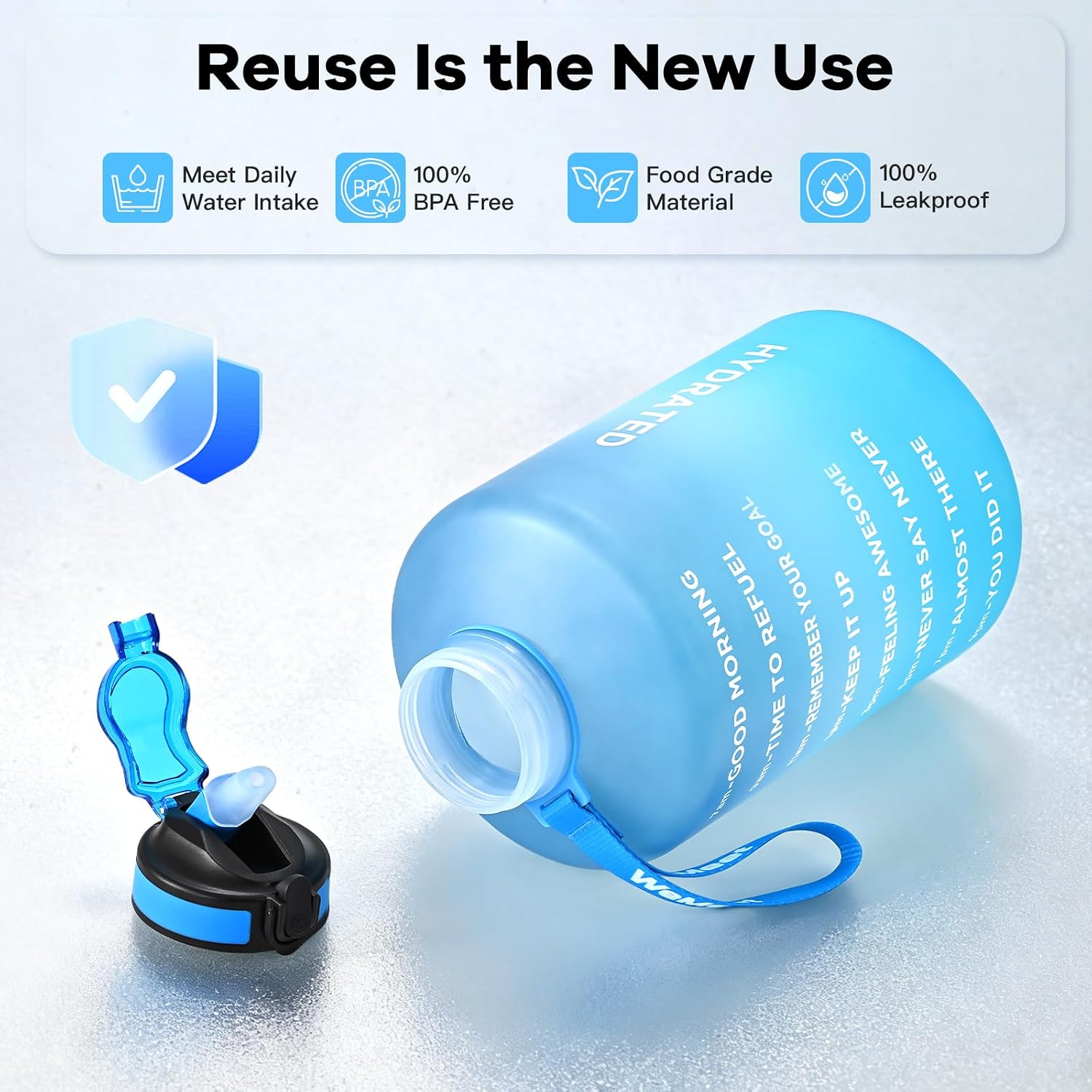Detalle de WEMEET 128oz Water Bottle with Straw, Time Marker and Wide Mouth, Blue