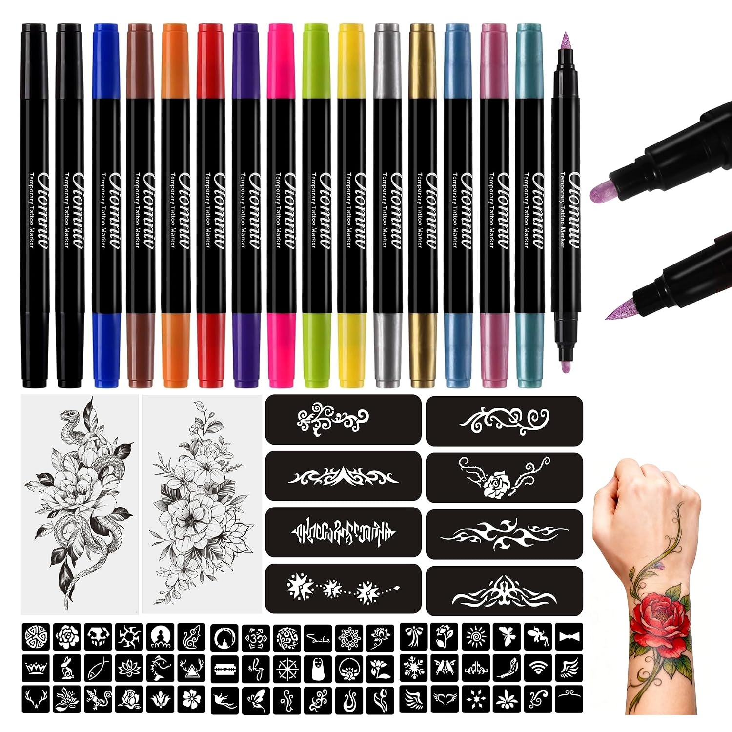 Detalle de Oiomniv Glitzer Tattoo Stifte Kinder (15 Stück) mit Schablonen-Set und 2 temporären Tattoos