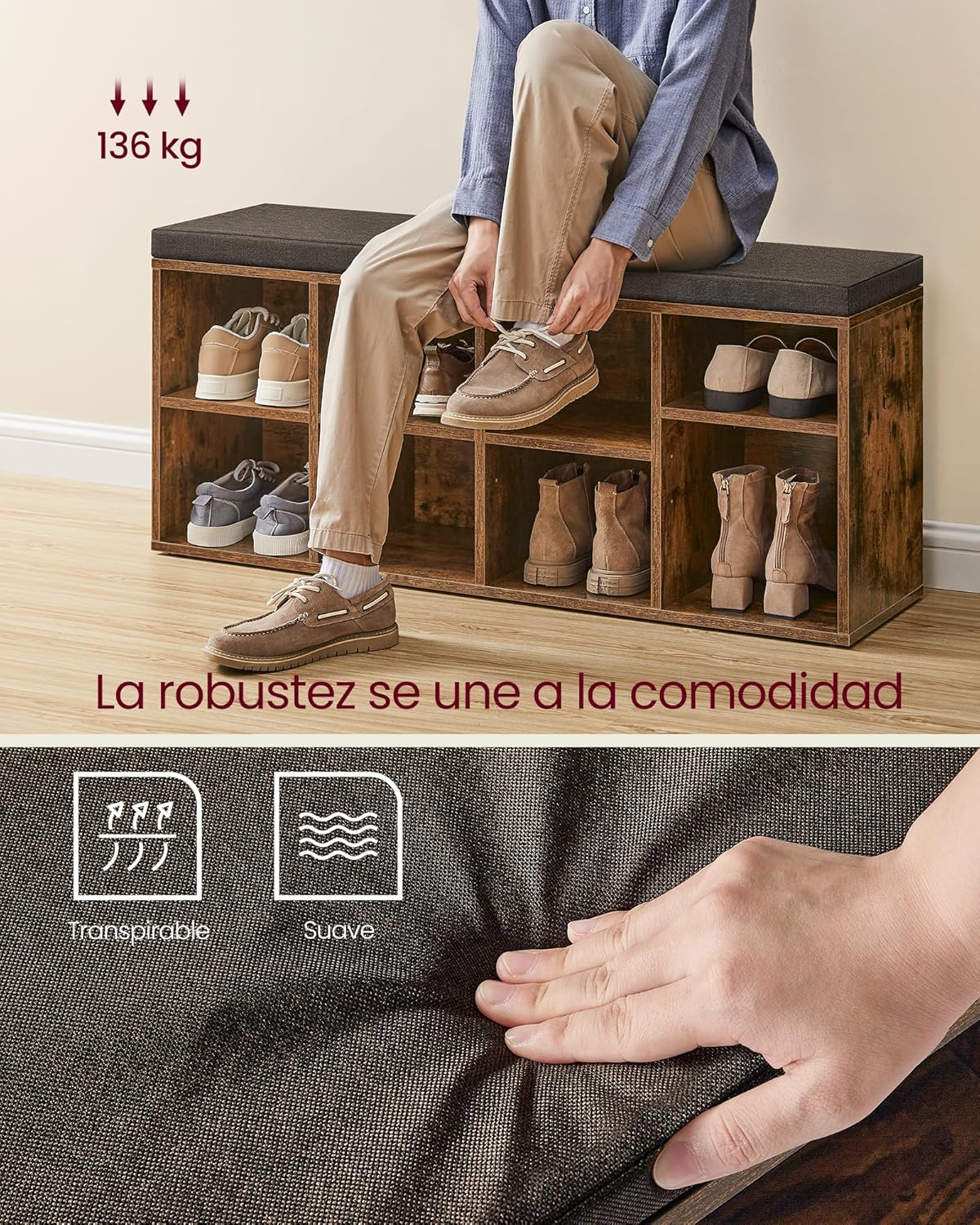 Thumbnail 3 de VASAGLE Banco Zapatero con 8 Compartimentos - Asiento Acolchado