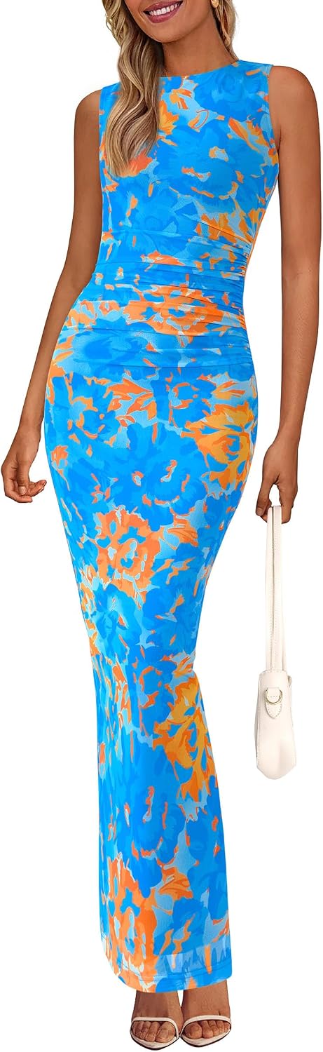 Detalle de PRETTYGARDEN Women's Floral Mesh Maxi Dress, Sleeveless Ruched Bodycon Style