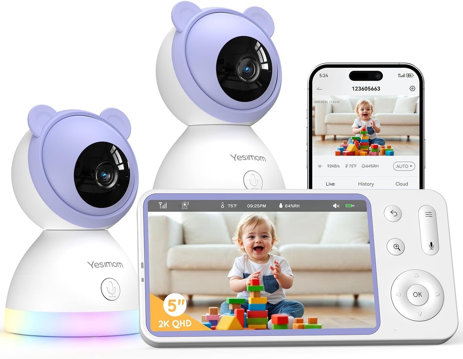 YESIMOM 2K Baby Monitor Video e Audio: Telecamera con PTZ 360°, App & 5" Monitor