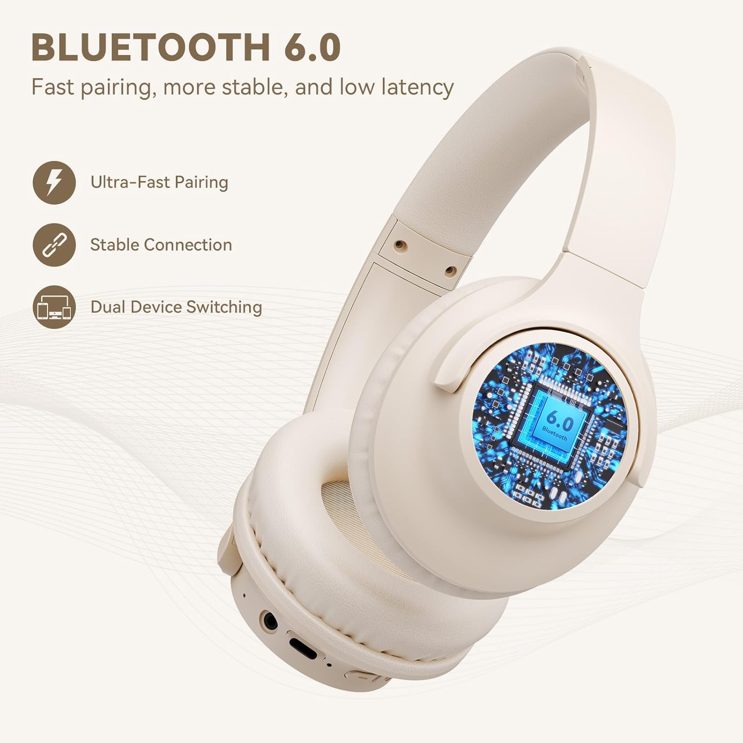 Detalle de KVIDIO Bluetooth Over-Ear Headphones with Mic: 65-Hour Playtime, Foldable Comfort, Deep Bass