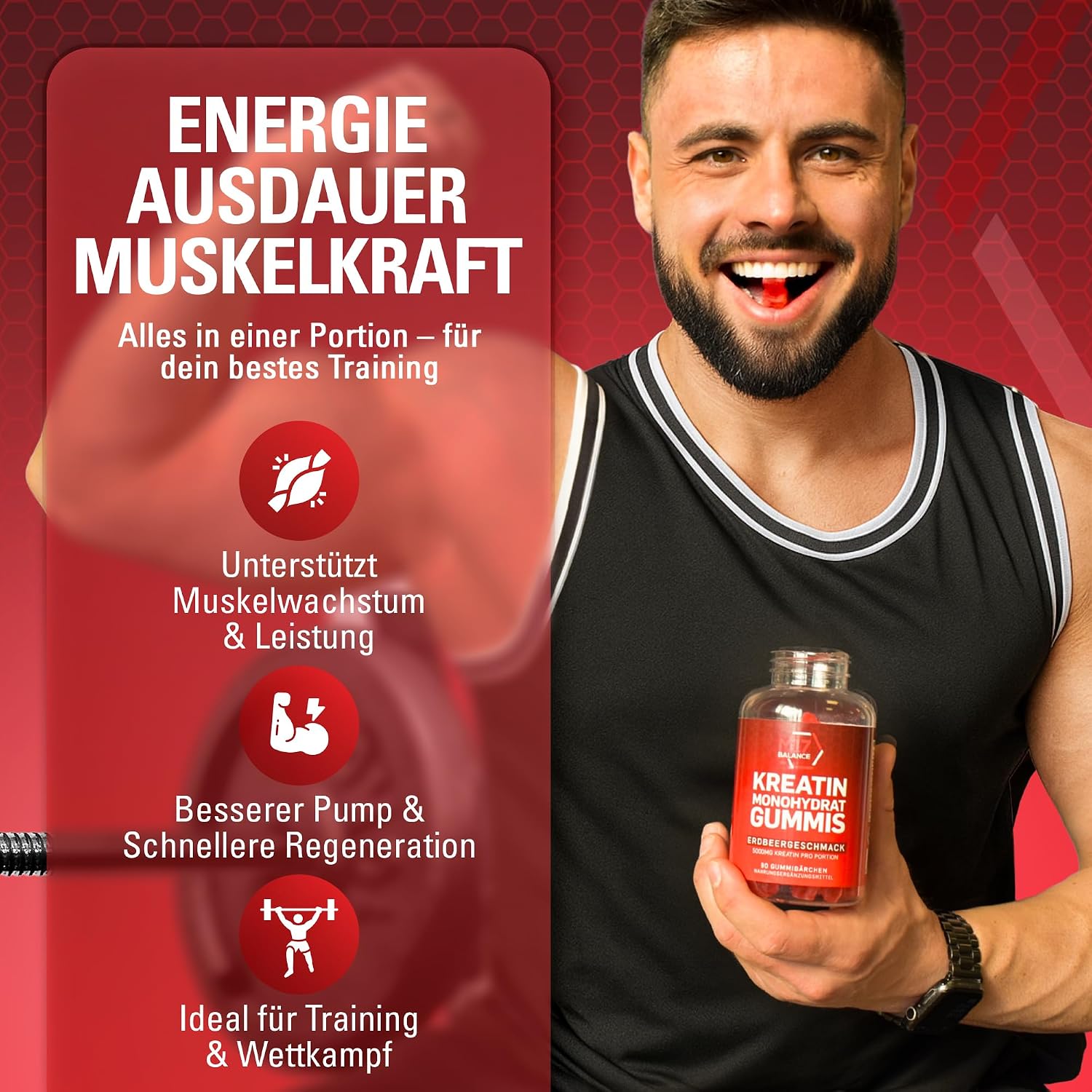 Detalle de Creatin Monohydrat Gummibärchen mit 5.000 mg Kreatin & BCAAs/L-Carnitin – 30 Portionen (Erdbeere), zuckerfrei, vegan