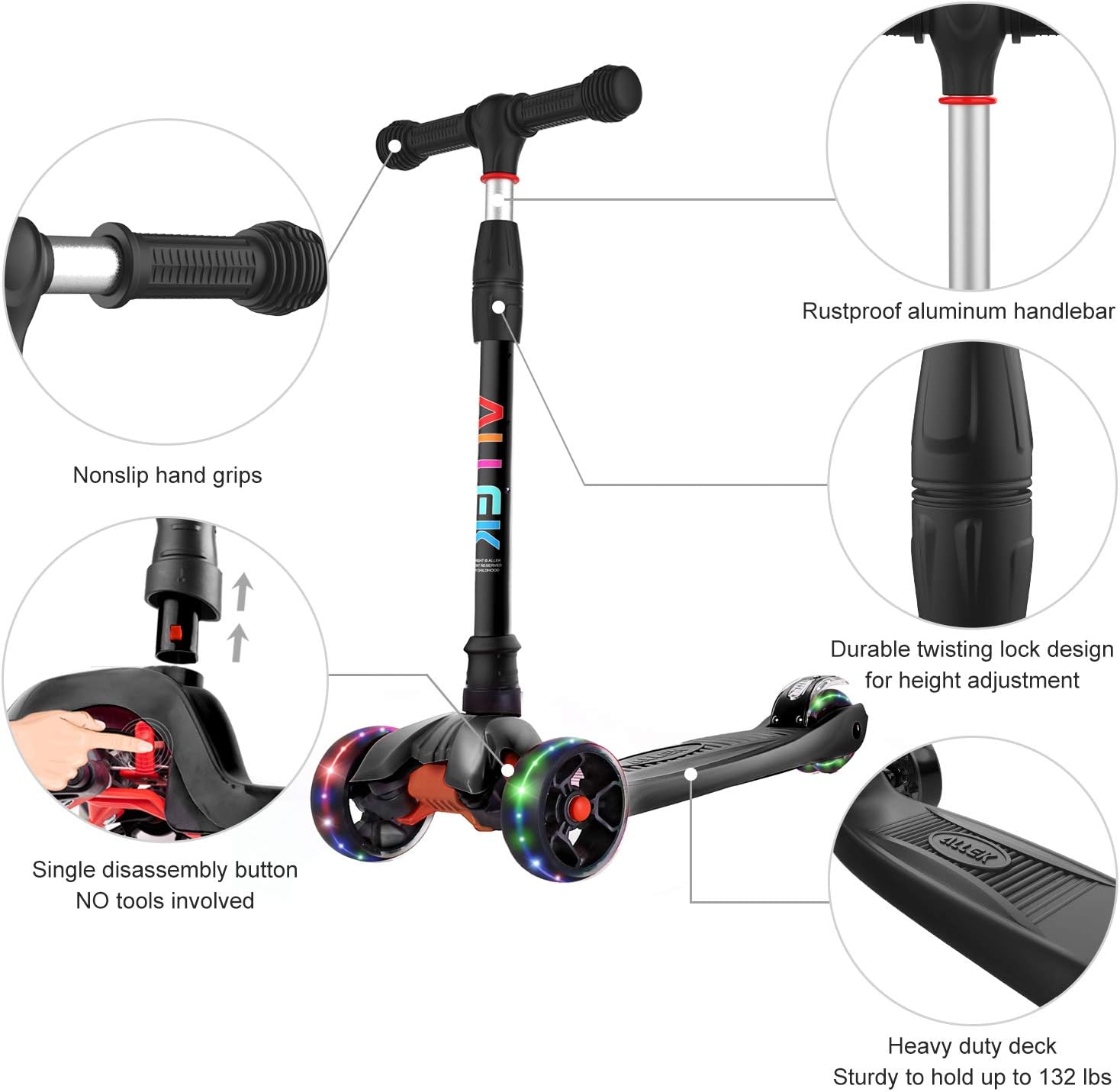 Thumbnail 1 de Allek Kick Scooter B02: Lean 'N Glide with 4-Height Adjustability and Light-Up PU Wheels