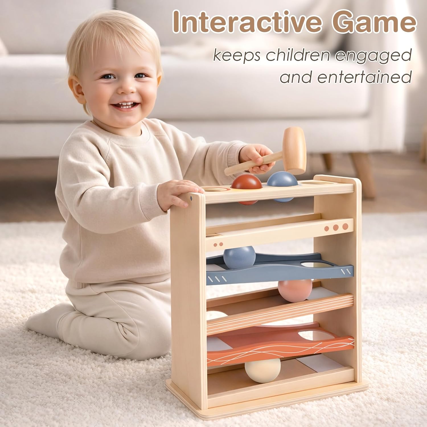 Detalle 2 de Vanplay MZ009 Montessori Wooden Ball Drop Toy with Hammer and 4 Balls