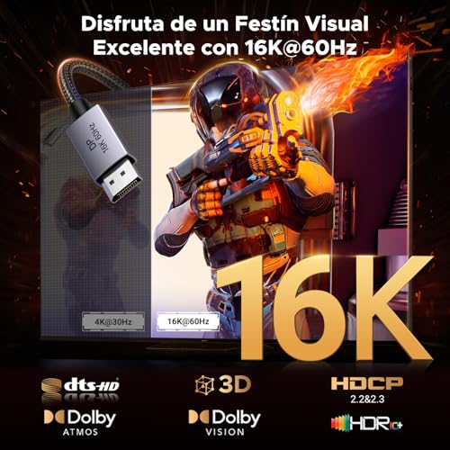 Detalle de UGREEN Cable DisplayPort 2.1 2M: alto rendimiento para 16K/8K y 4K con carcasa de aluminio