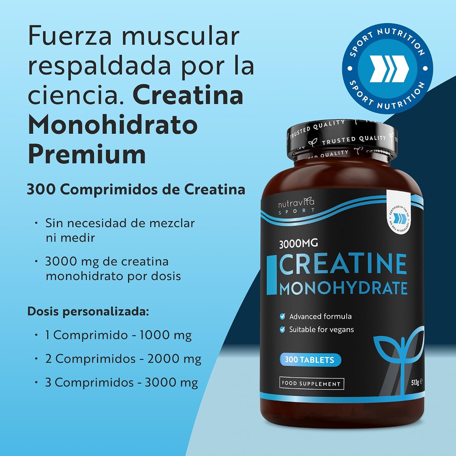 Detalle 2 de Nutravita Creatina Monohidratada 3000 mg 300 comprimidos