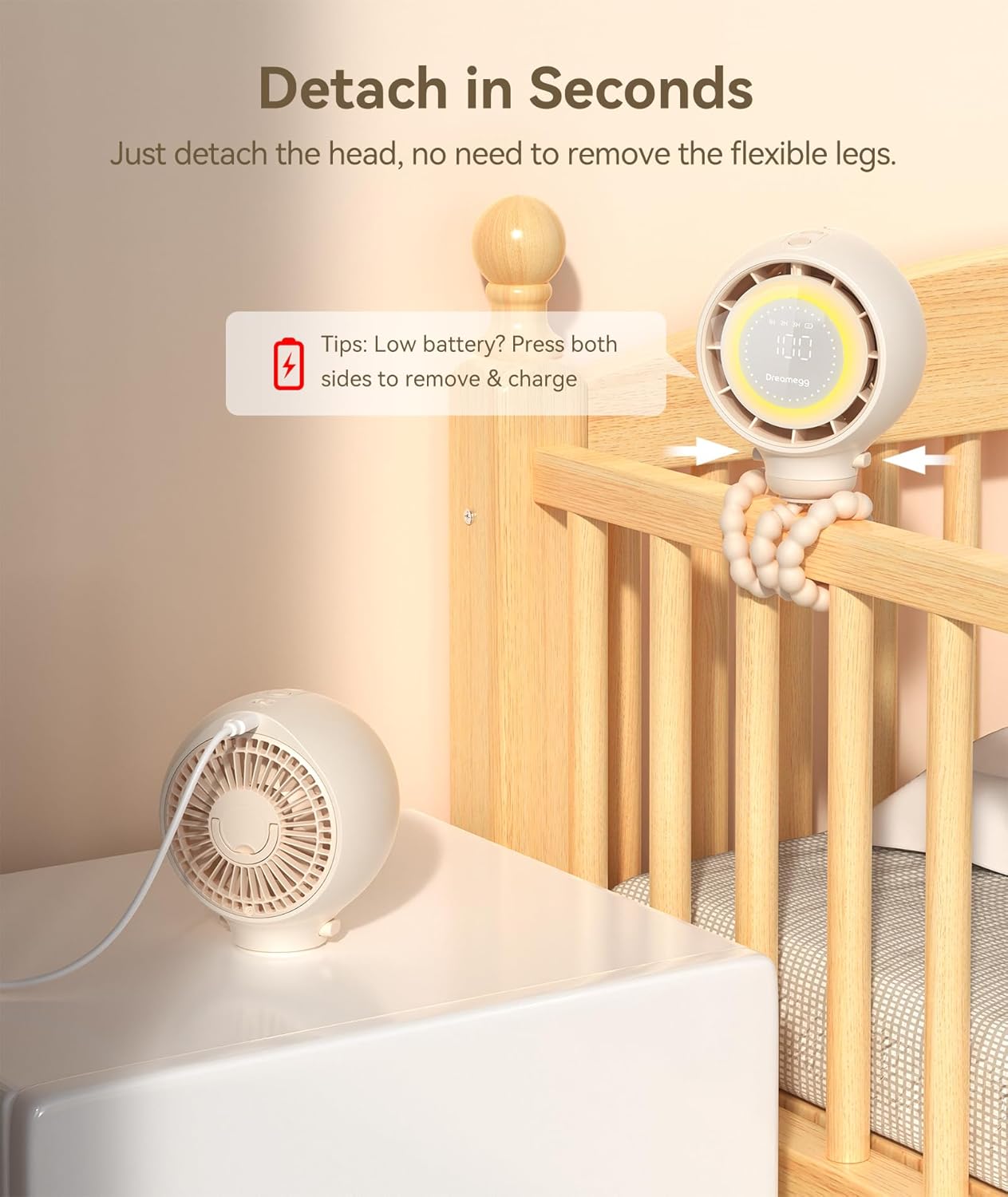 Thumbnail 5 de Dreamegg Tragbarer Ventilator für Kinderwagen mit LED-Display, Clip & 360°-Aufsatz – 4 Geschwindigkeiten, 4000 mAh USB