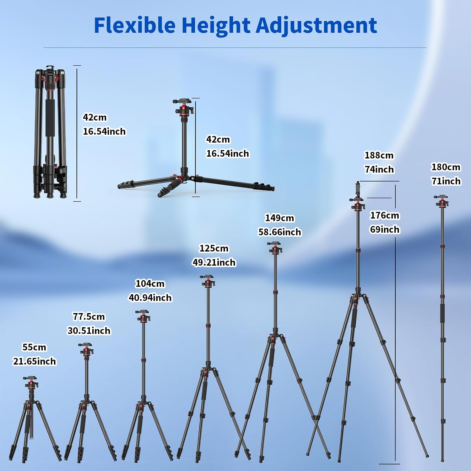 Detalle de XXZU 74” Camera Tripod (Aluminium) with 360° Ball Head, Quick Release Plate, Phone Holder – Tripod/Monopod