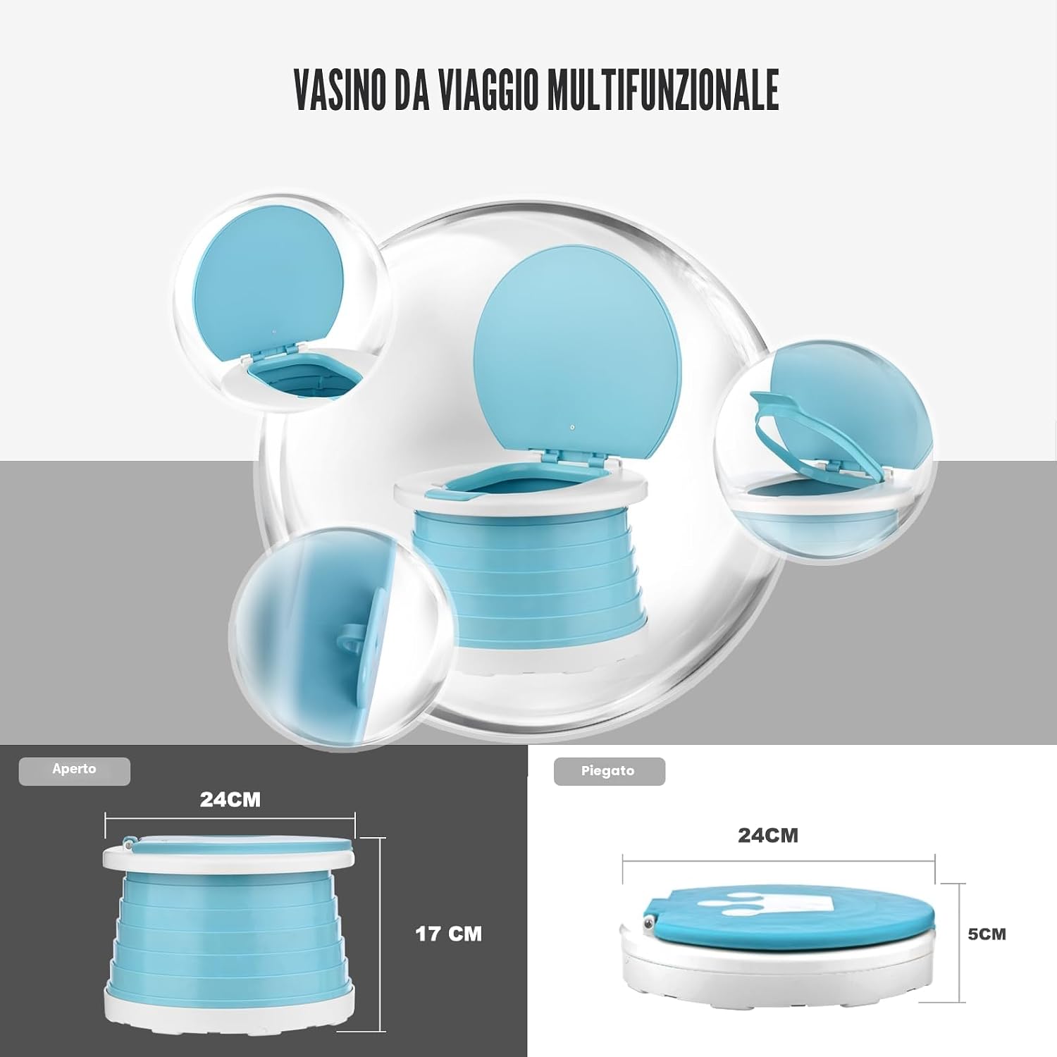 Detalle 2 de Vasino portatile pieghevole per bambini da viaggio (WC portatile), 15 sacchetti inclusi