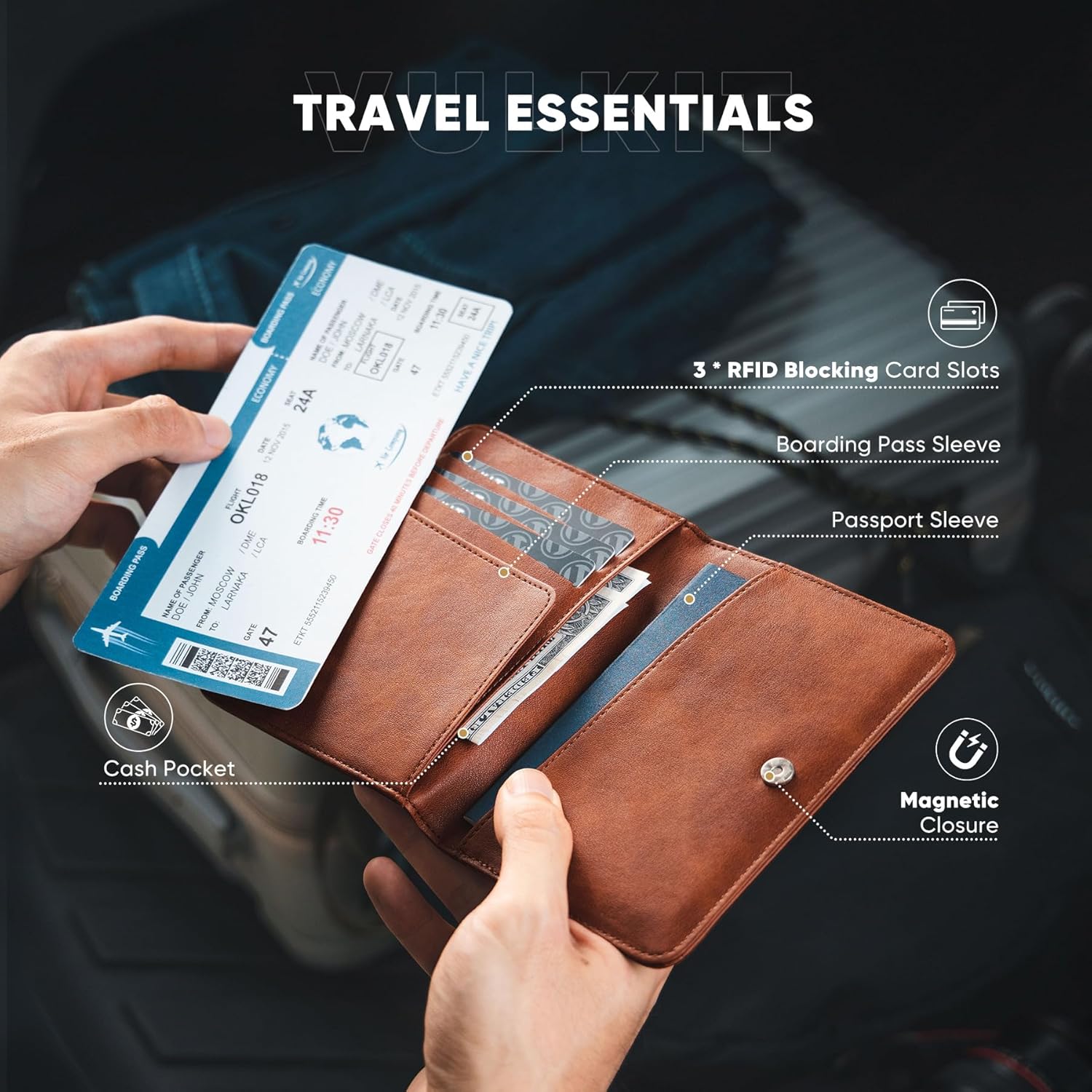 Detalle de VULKIT Leather RFID Blocking Travel Wallet - Organiser with Passport Holder, Business & Credit Card Slots, Boarding Pass Pocket