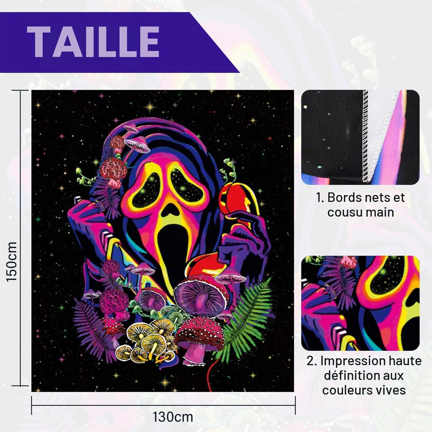 Detalle 2 de Cyiecw wandtapijt 150 x 130 cm met UV-reactieve paddenstoelenprint