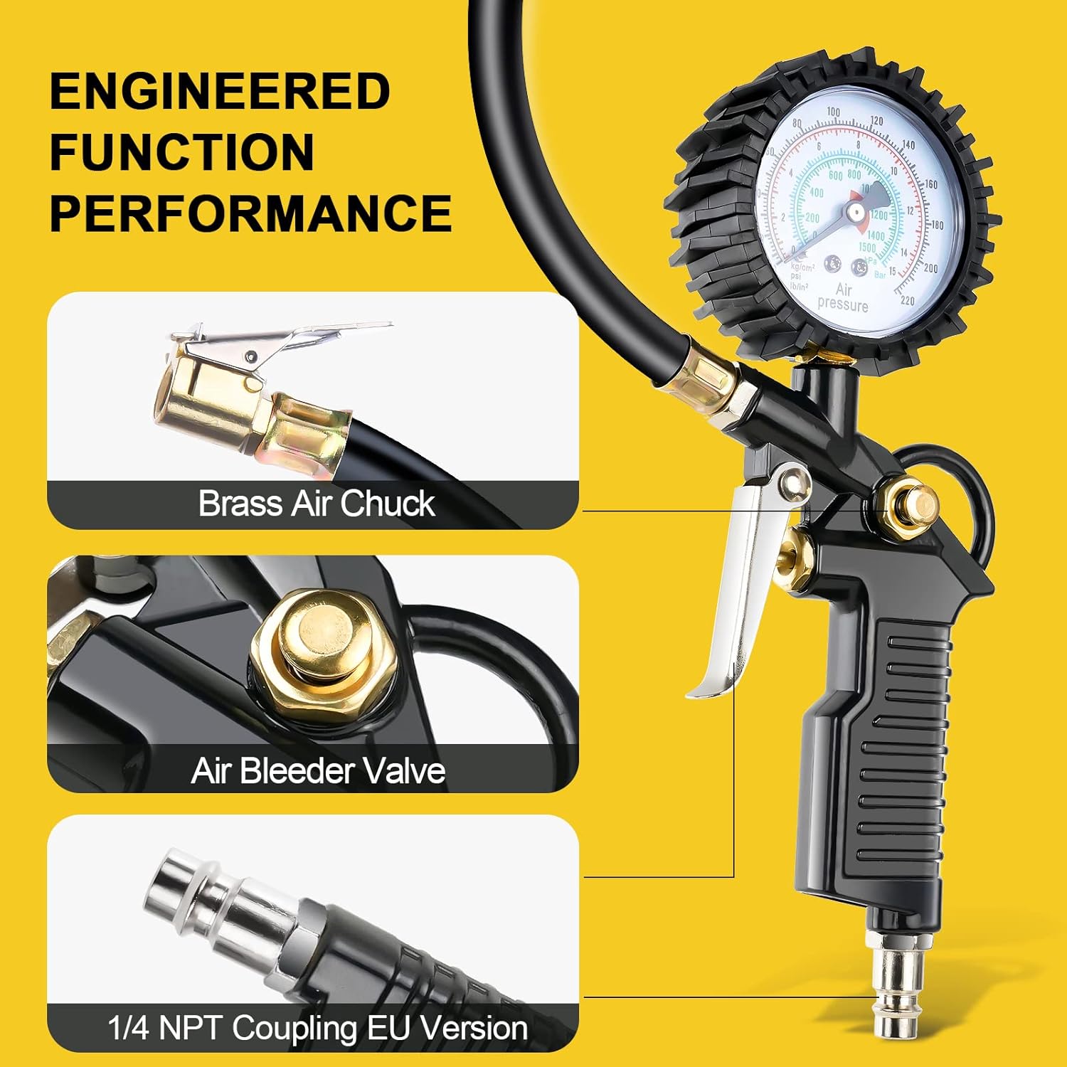 Detalle de VSSHE Tyre Pressure Gauge – 220 PSI with Rubber Hose and Valve Core Tool