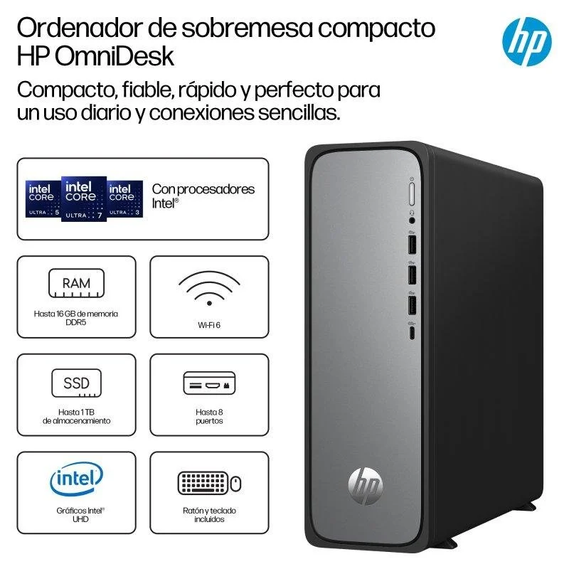 Detalle de HP OmniDesk S03-0023ns: PC de sobremesa compacto con i3-14100, 8 GB y 512 GB SSD