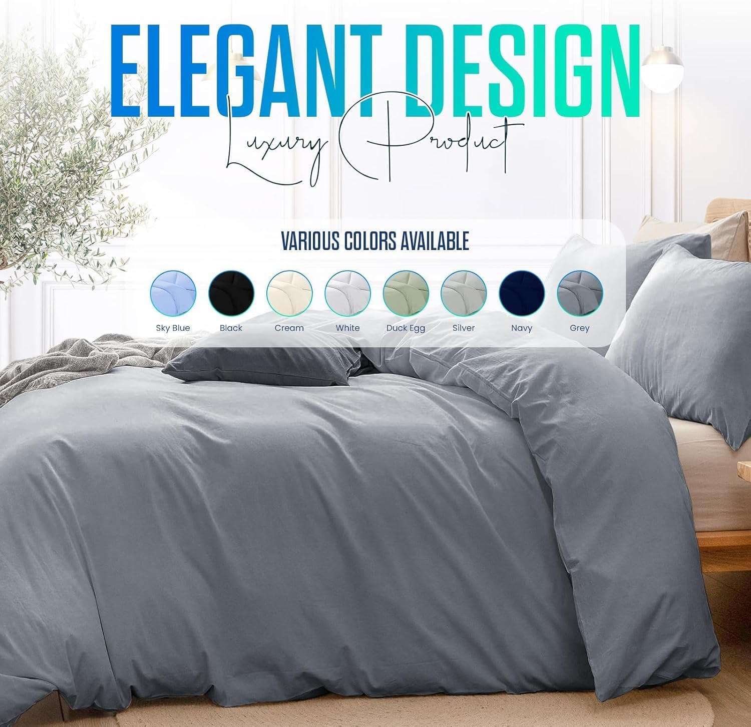 Thumbnail 5 de Linens World 200 Thread Count Egyptian Cotton Duvet Cover Set (Grey, Single) – Practical Comfort with Easy Maintenance