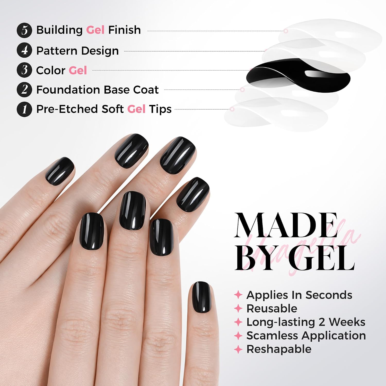 Detalle de UNA GELLA UG-B015 Press-On Nails, Short Round Glossy Black, 32-Piece
