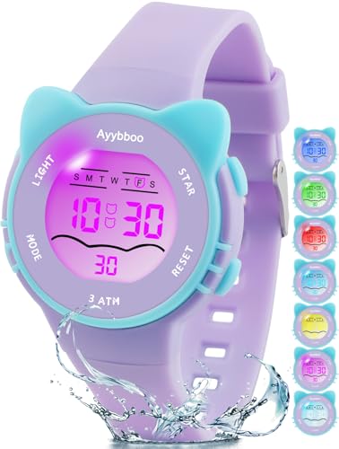 Detalle de Ayybboo Reloj Infantil Digital con 7 LEDs: reloj deportivo, impermeable 3 ATM y funciones completas