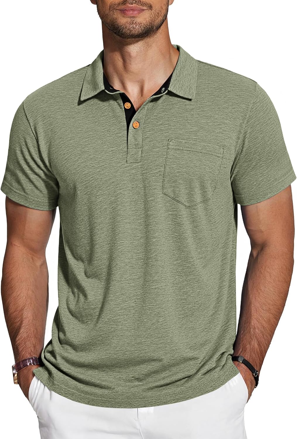 Detalle de TARAINYA Polo Uomo Cotone Maniche Corte con Tasca – Polo estiva